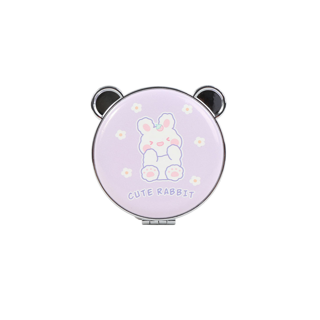 Lavender round compact mirror with cute rabbit illustration and bear-ear frame