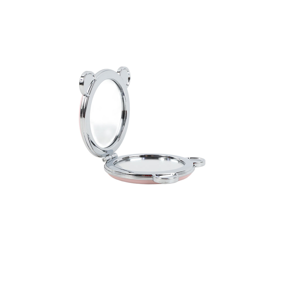 Silver open compact mirror with round frame and hinged mirror plate