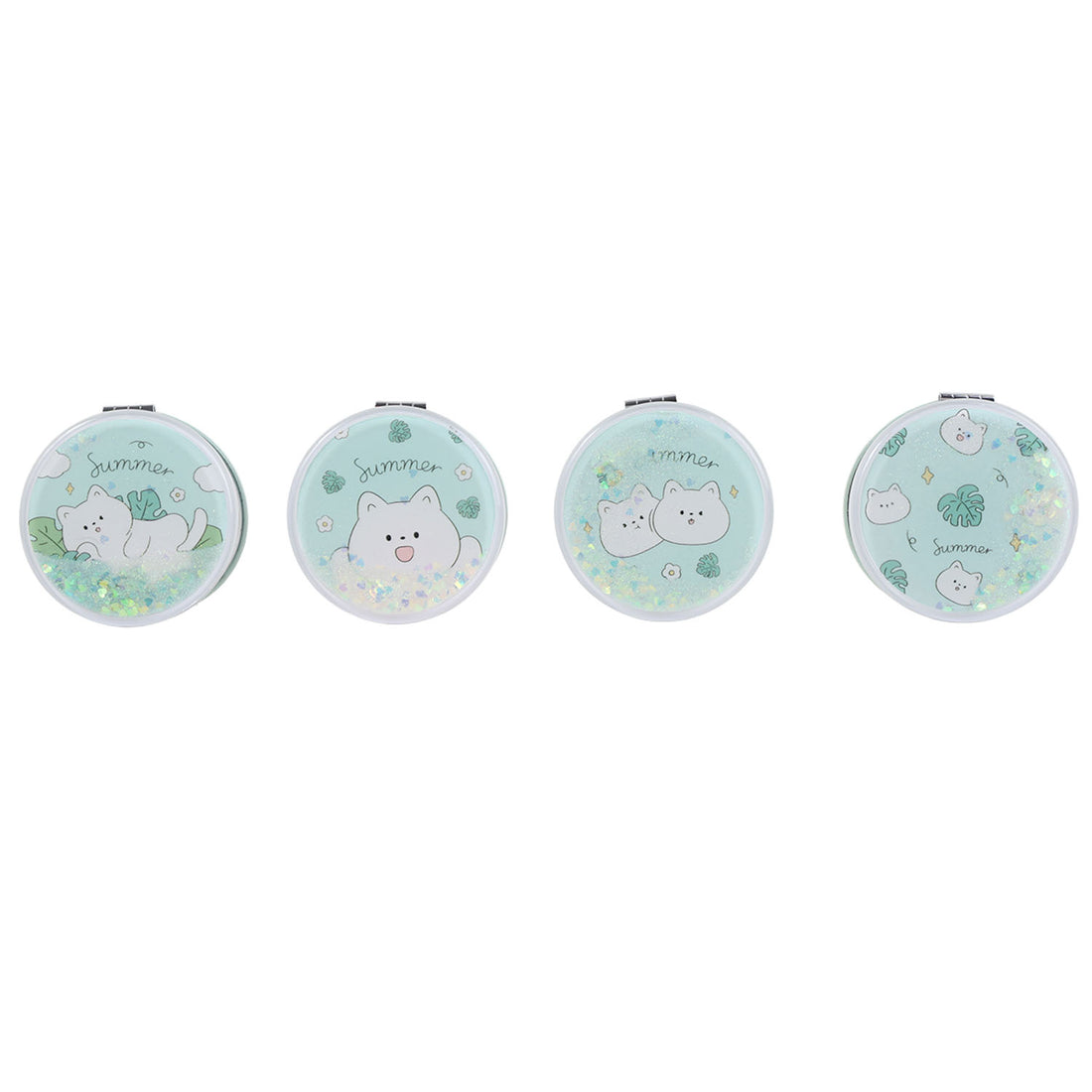 Set of four round compact mirrors with pale blue cat summer graphics