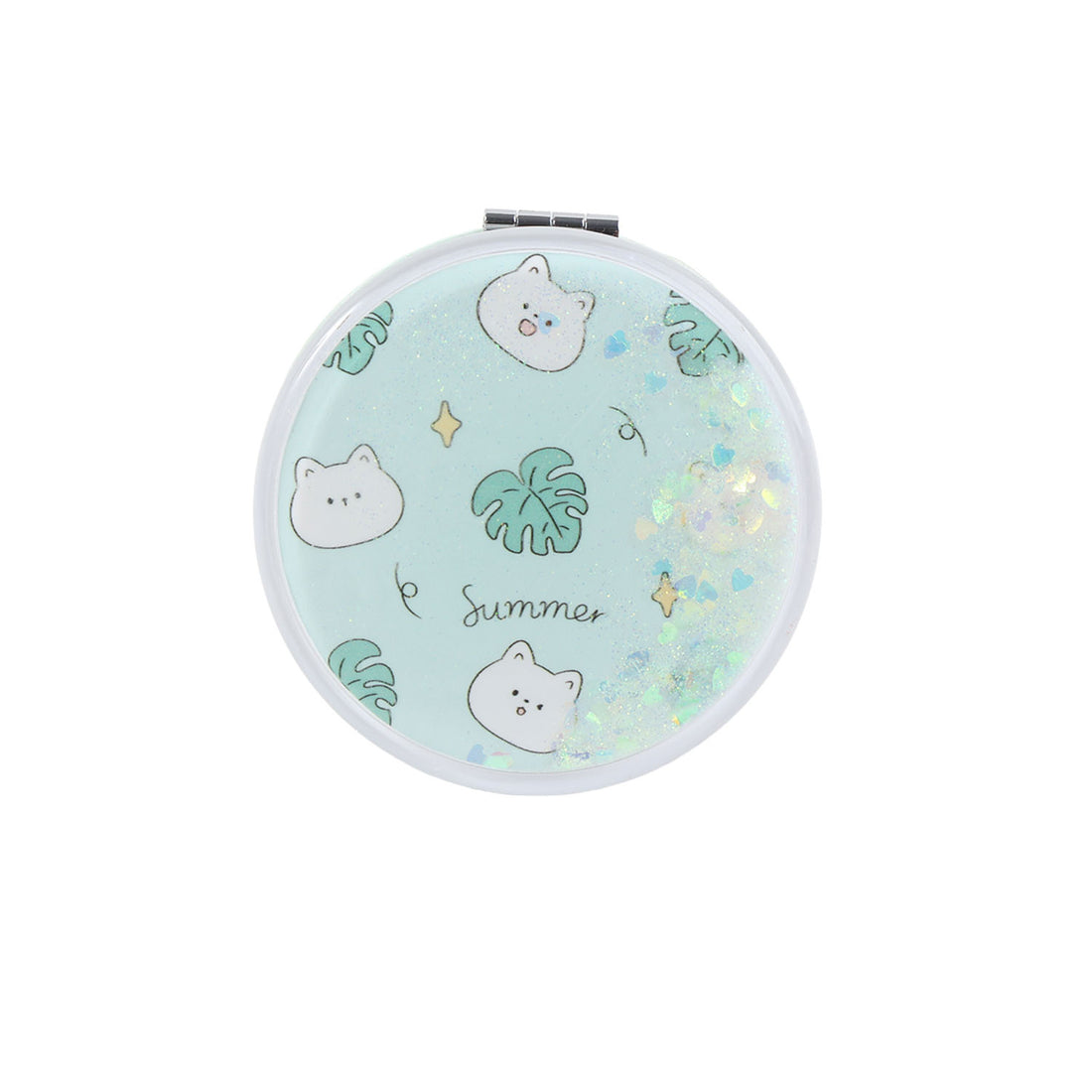 Round compact mirror with pale blue cat summer scene and glittery hologram edge