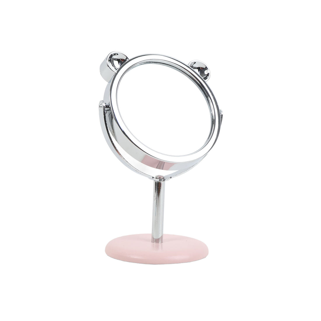 MK bear-head tabletop mirror, reflective chrome frame with bear ears and pink base