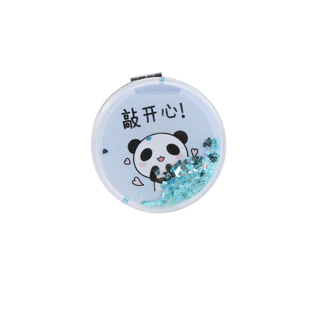 Round compact mirror with panda graphic and blue glitter quicksand, light blue case