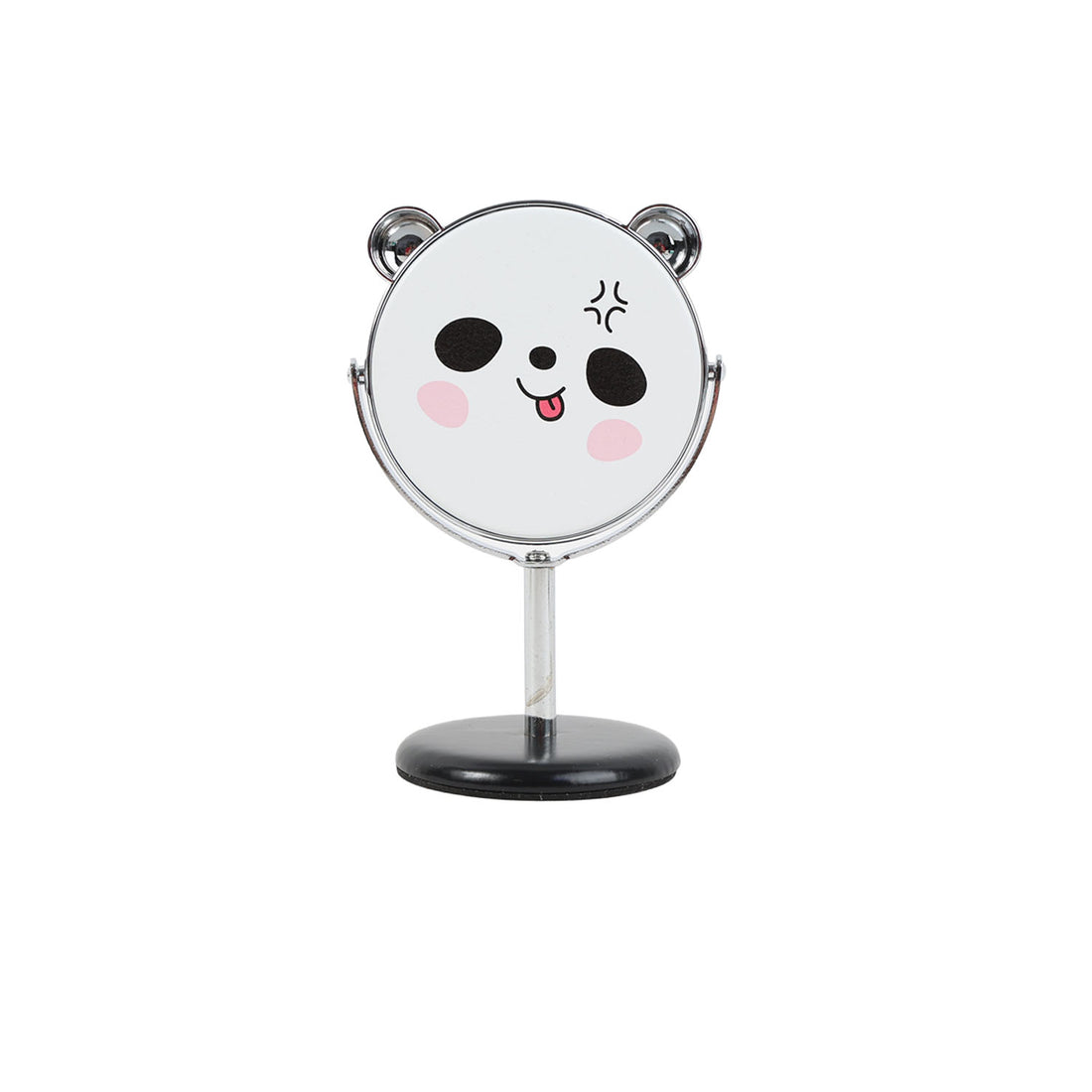 Panda face tabletop mirror with wink expression, silver rim and stand, black base.