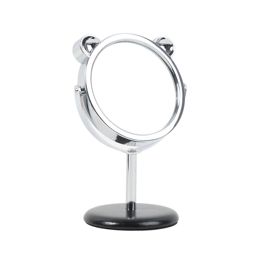 Round panda tabletop mirror backing view, silver circular frame and stand, black base.