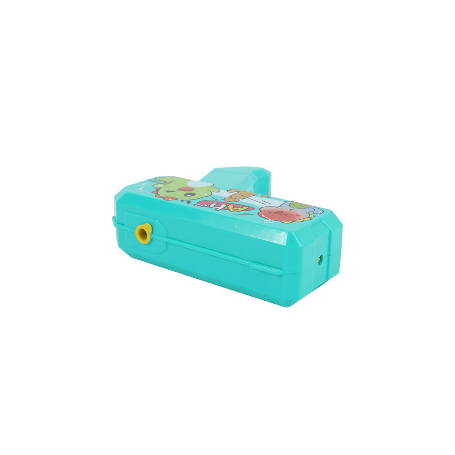 Turquoise dinosaur water gun with cartoon panel, yellow side hole, and spout