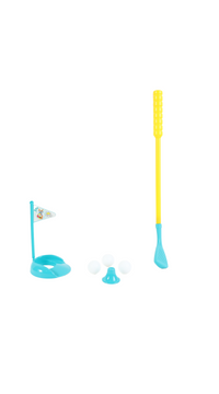 Kids golf set with tall yellow club, teal grip, teal flag base, and white balls