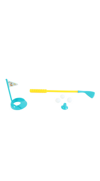Kids golf set featuring teal flag base, teal putter head, yellow shaft, and white balls