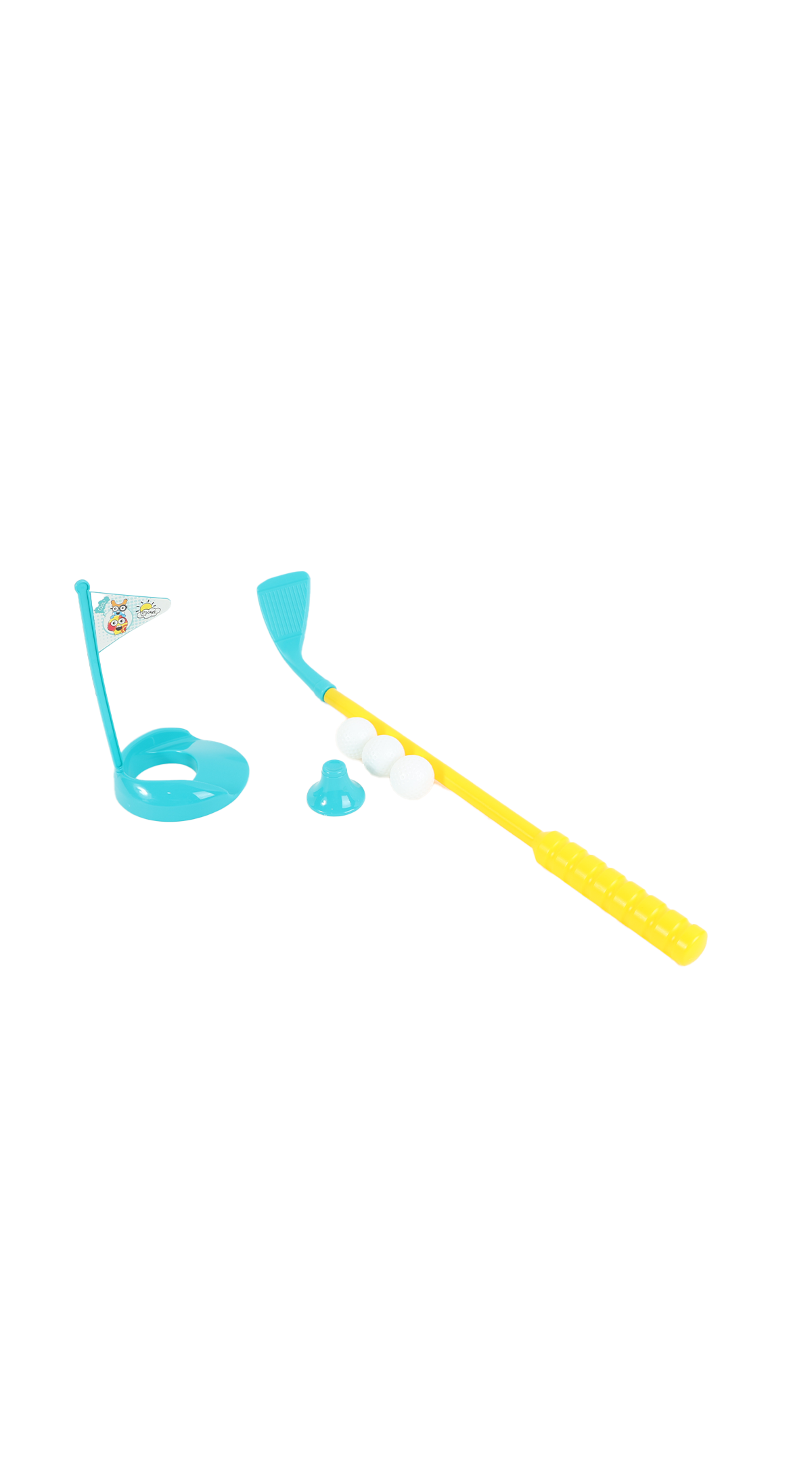 Kids golf set with teal flag, teal base, white balls, and yellow club accessory set