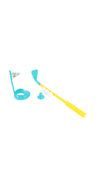 Kids golf set with teal flag, teal base, white balls, and yellow club accessory set