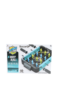 Tabletop foosball game in box with blue playing field and yellow player figures