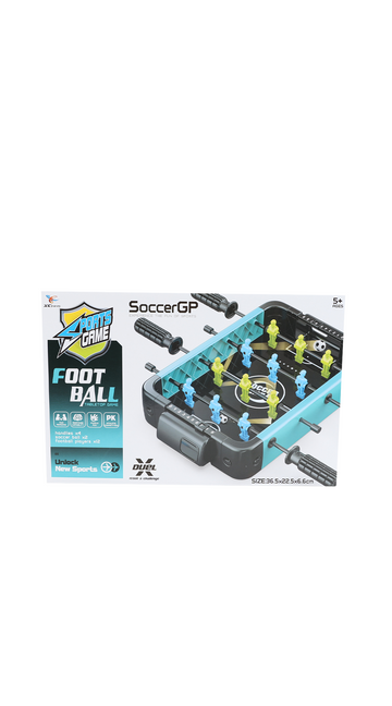 Tabletop foosball game in box with blue playing field and yellow player figures