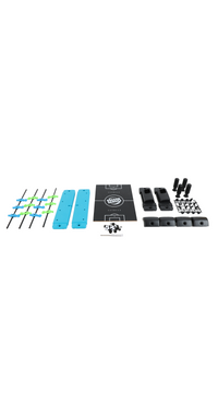 Tabletop foosball game parts set with rods, handles, and blue-green playfield panels