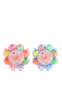 Kids beaded set with paired flower-shaped organizers, pink and blue pastels with round charm