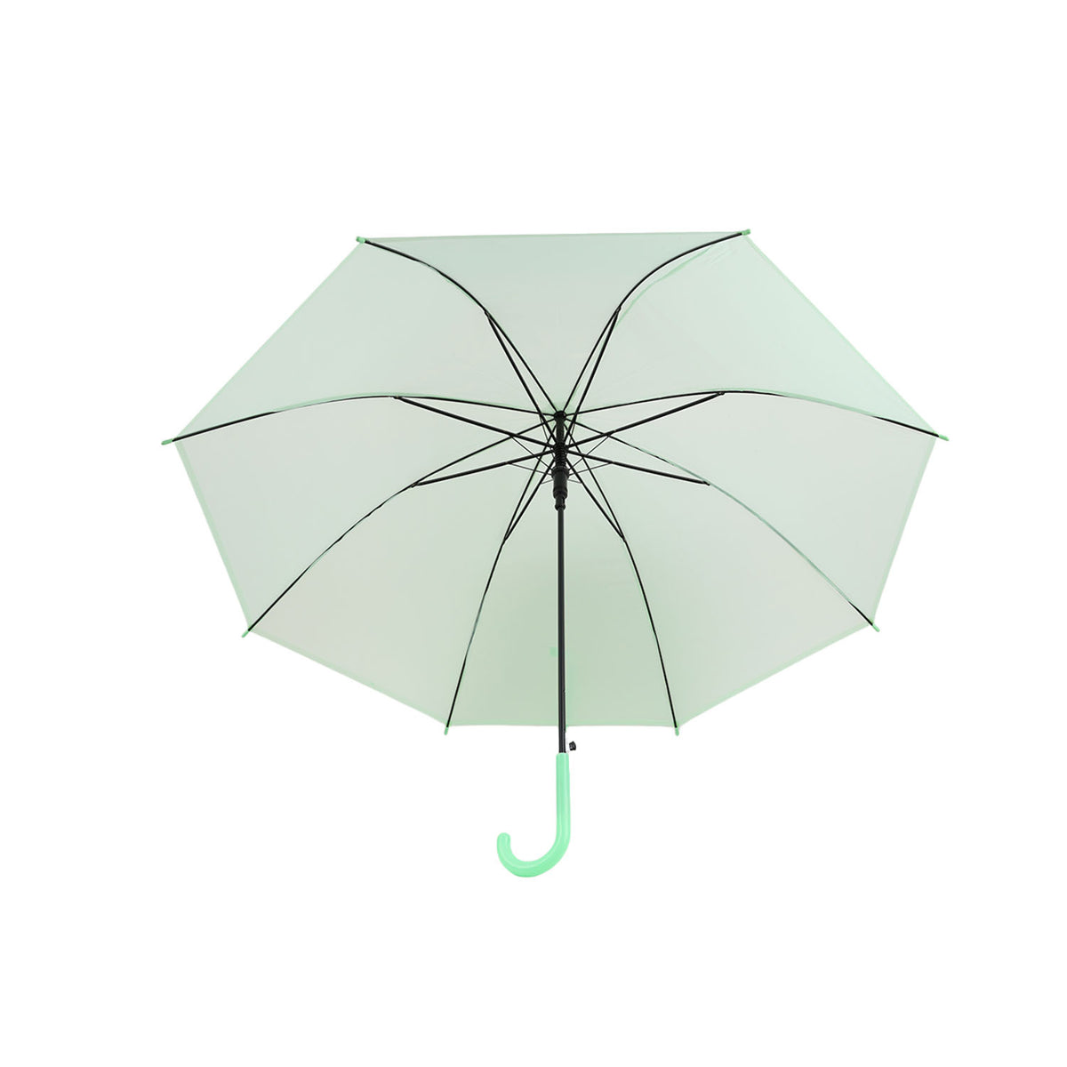 Light green long-handle umbrella with open canopy and J-shaped green hook handle
