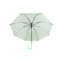 Light green long-handle umbrella with open canopy and J-shaped green hook handle