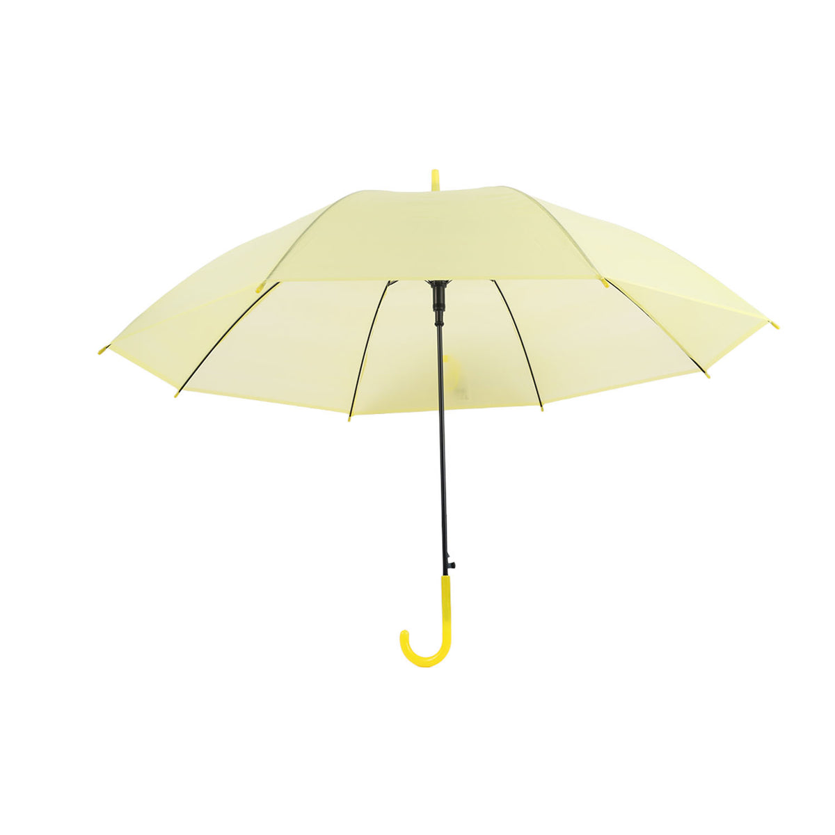 Light yellow long-handle umbrella, open canopy view with black frame and J handle