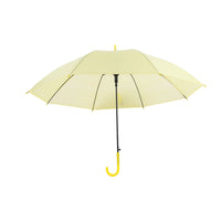 Light yellow long-handle umbrella, open canopy view with black frame and J handle