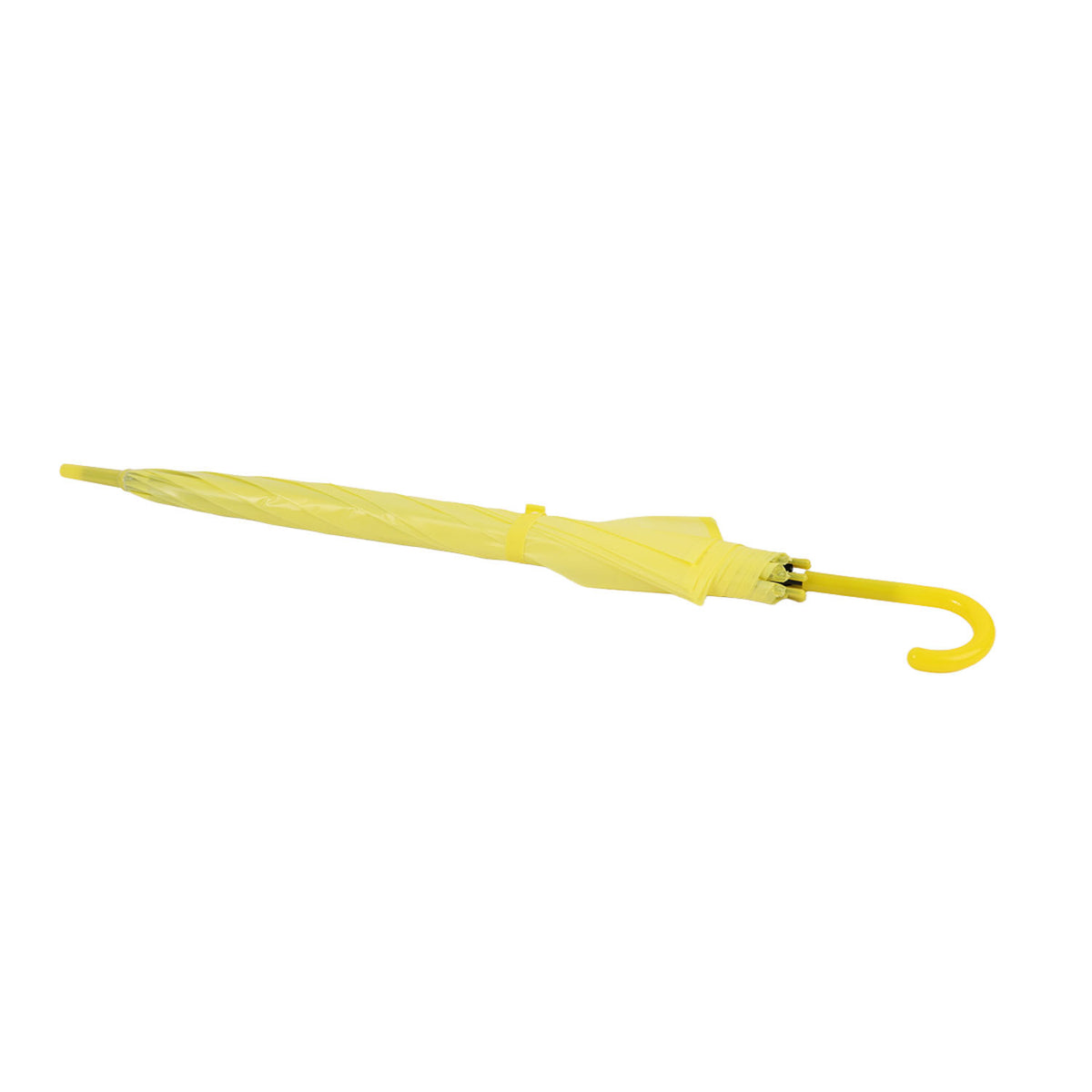 Light yellow long-handle umbrella, folded/closed with yellow cover and J handle