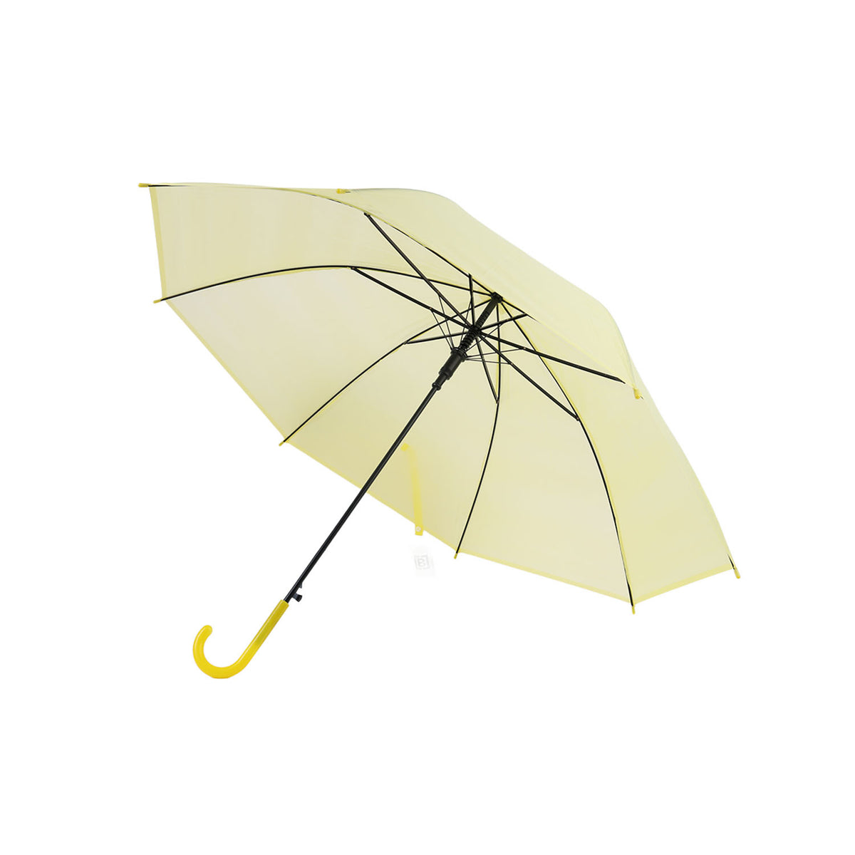 Light yellow long-handle umbrella with curved J handle, open canopy and black ribs