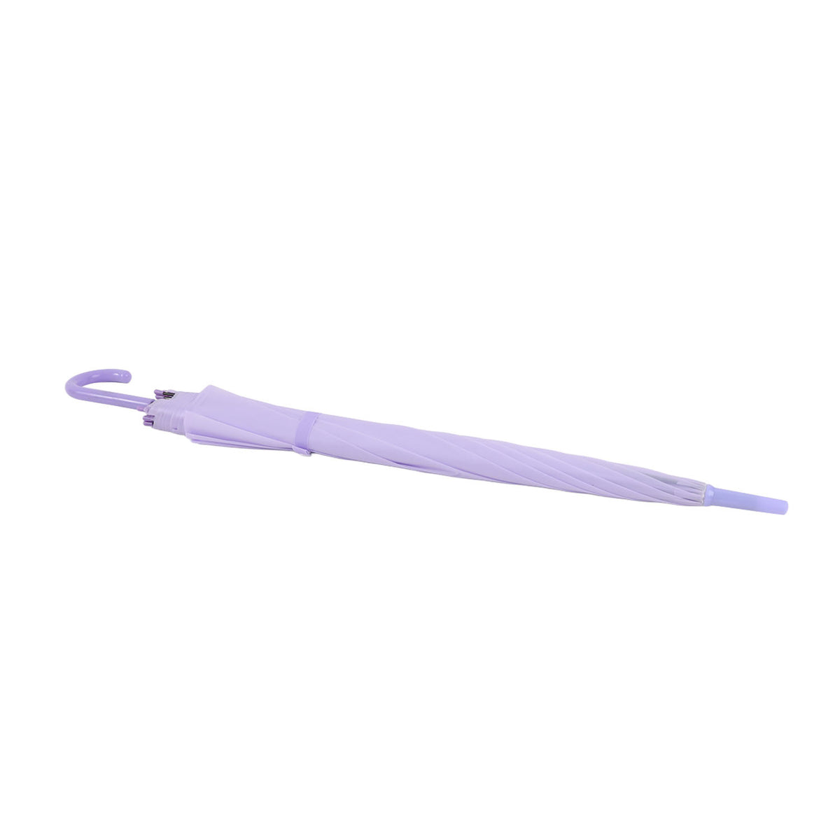 Purple long-handle umbrella handle with J-shaped grip and light fabric sleeve