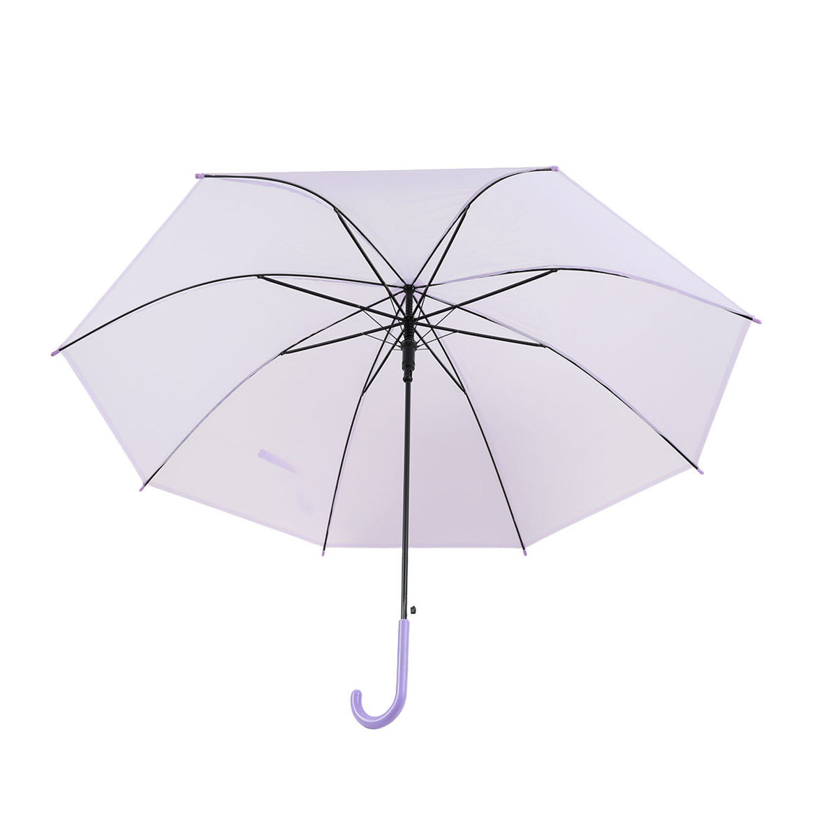 Purple long-handle umbrella with open canopy and curved J grip handle