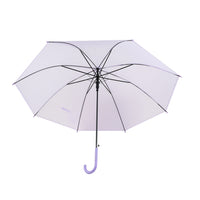 Purple long-handle umbrella with open canopy and curved J grip handle