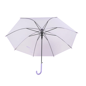 Purple long-handle umbrella with open canopy and curved J grip handle