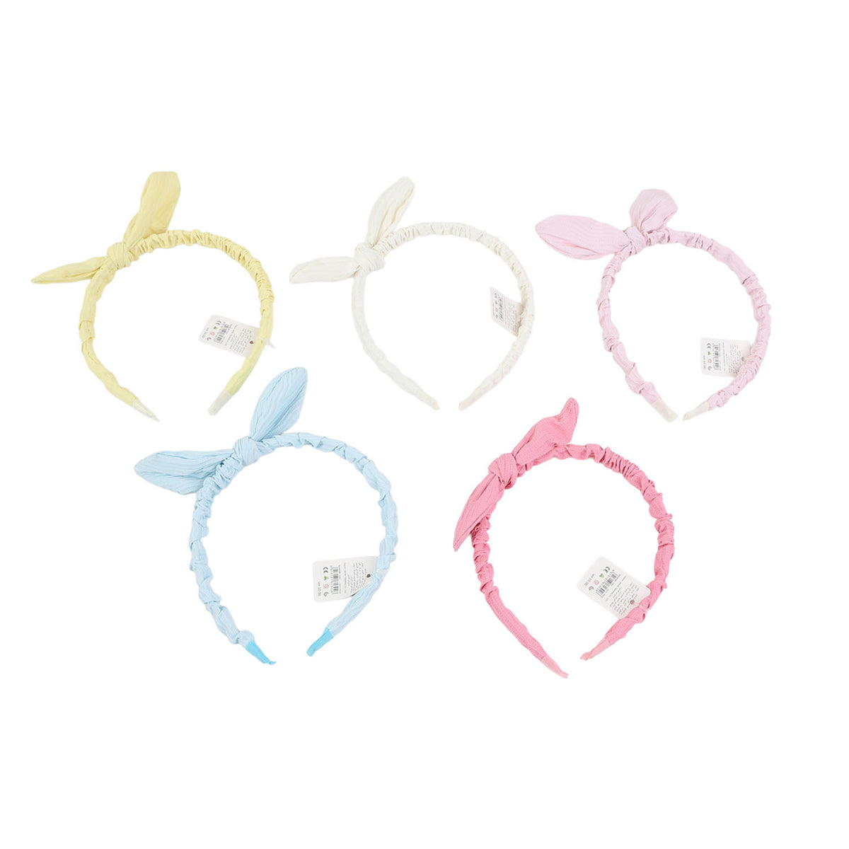 Fabric headbands with bow and ear-like details, assorted colors: yellow, white, pink, blue