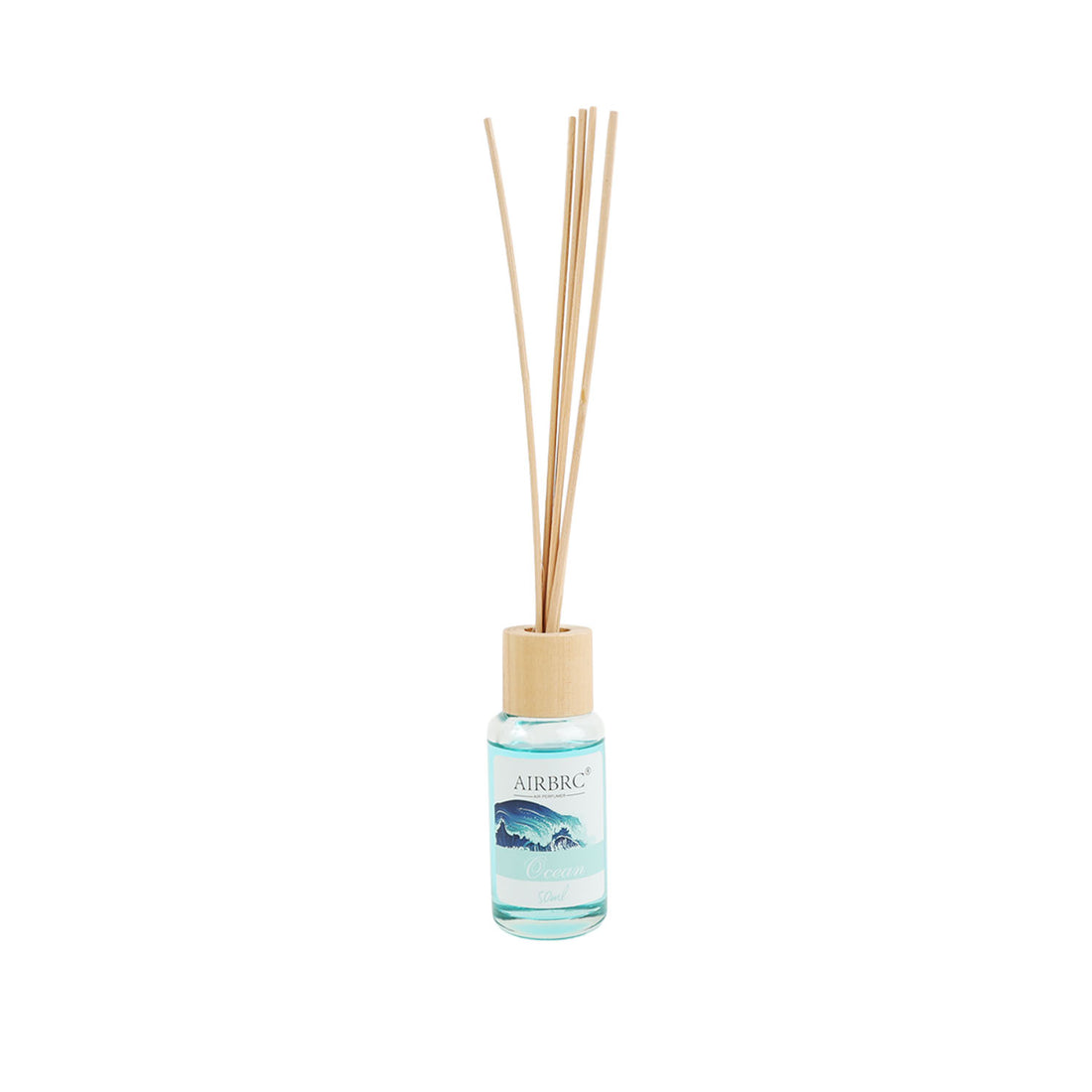 Reed diffuser bottle with vertical wooden reeds and cork stopper, blue glass