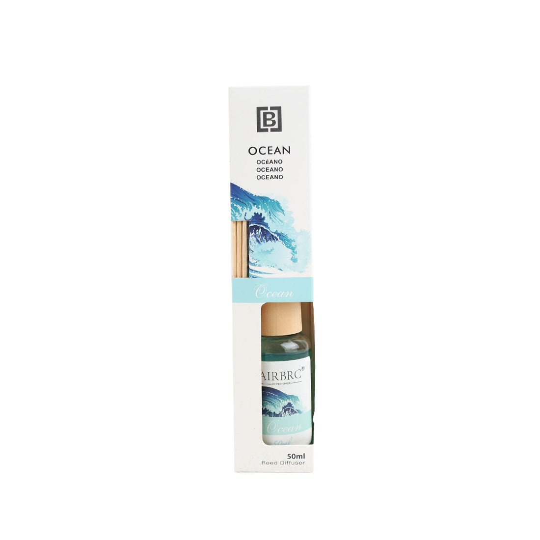 Reed diffuser set box with displayed bottle, 50 ml capacity