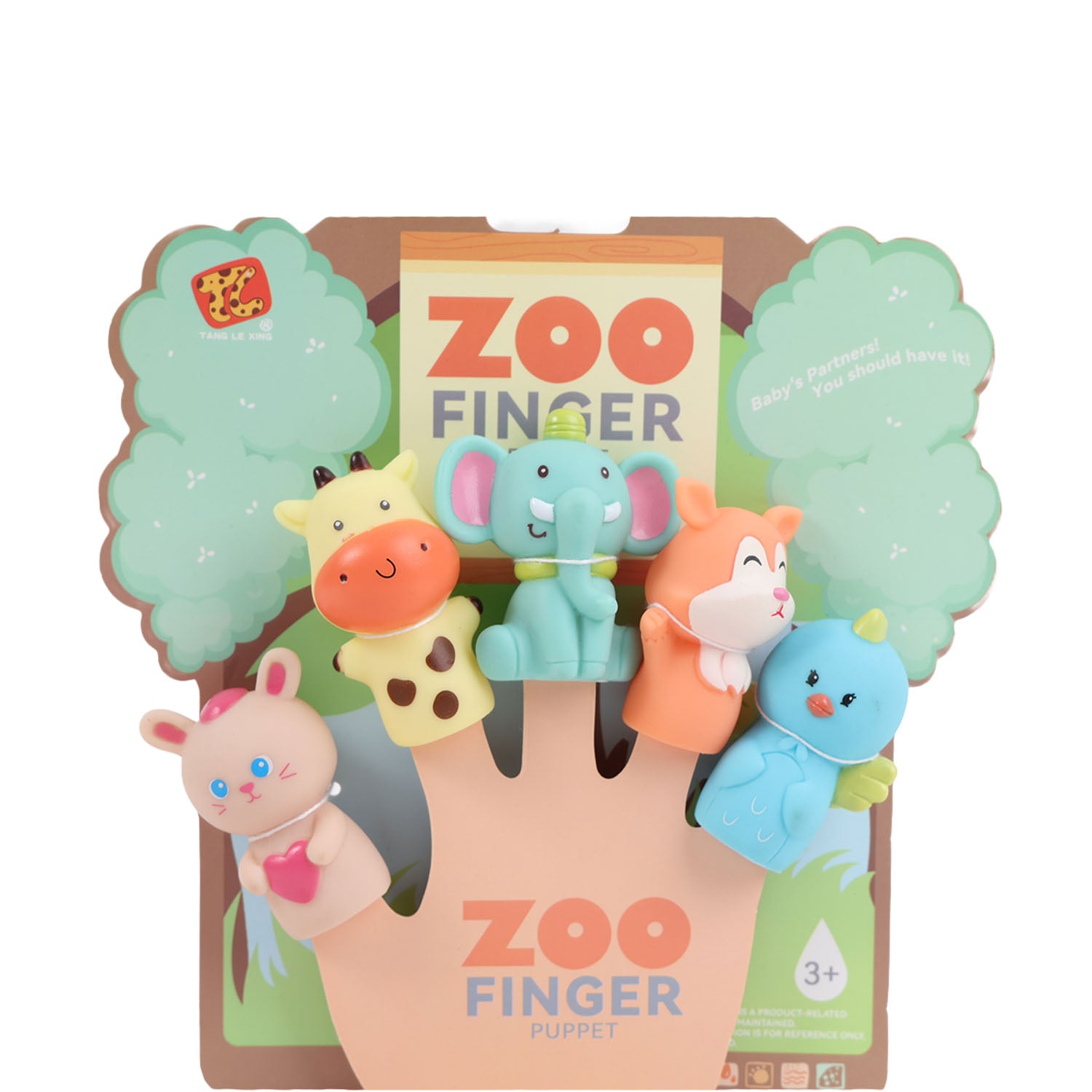 Forest animal finger puppet set: bundled characters on front of packaging card