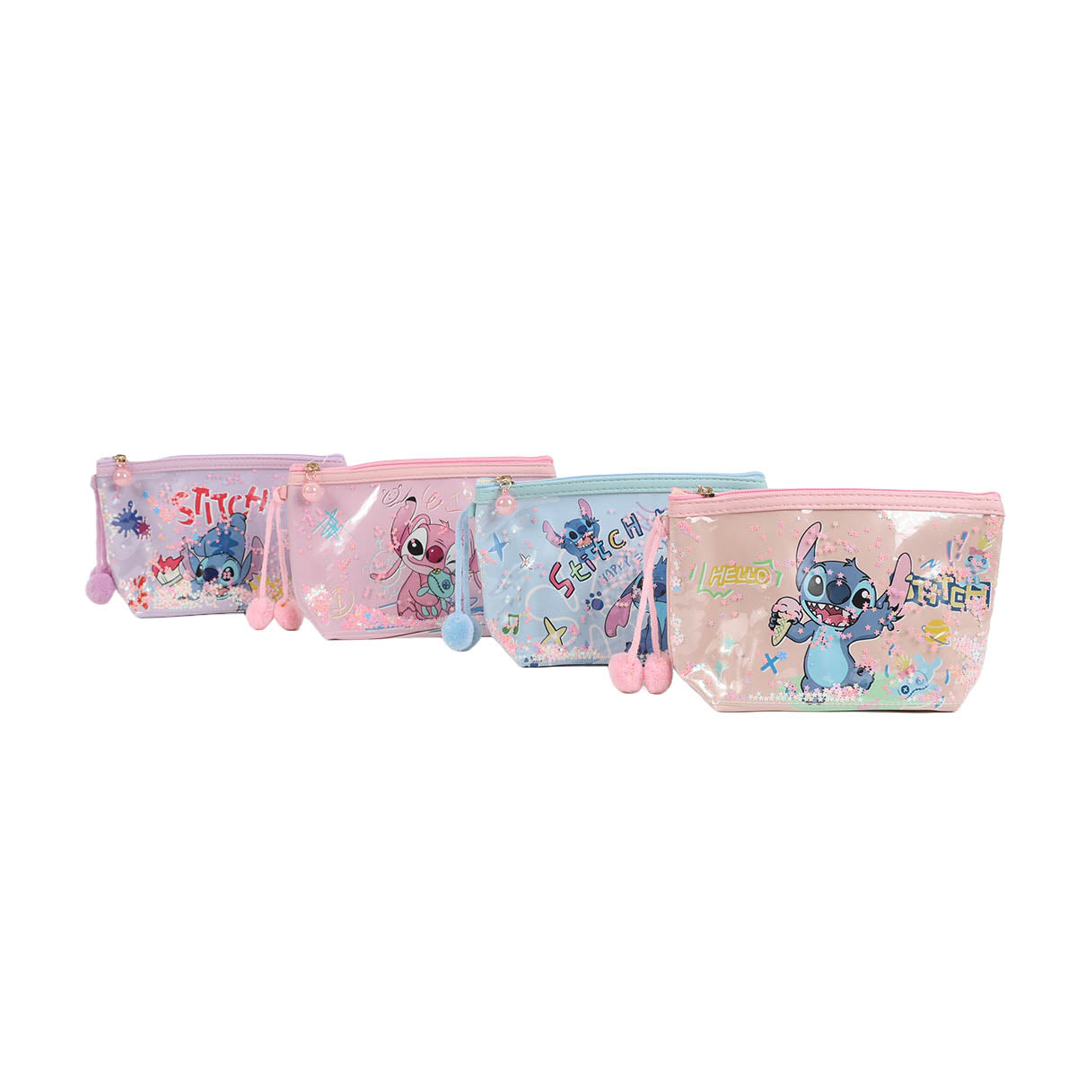 Pink clear-view Stitch-themed cosmetic bag row with zip tops and pom-pom tassels