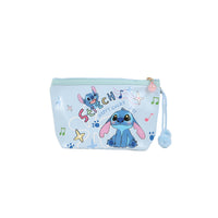 Light blue Stitch-themed cosmetic bag with zip top and pom-pom tassel
