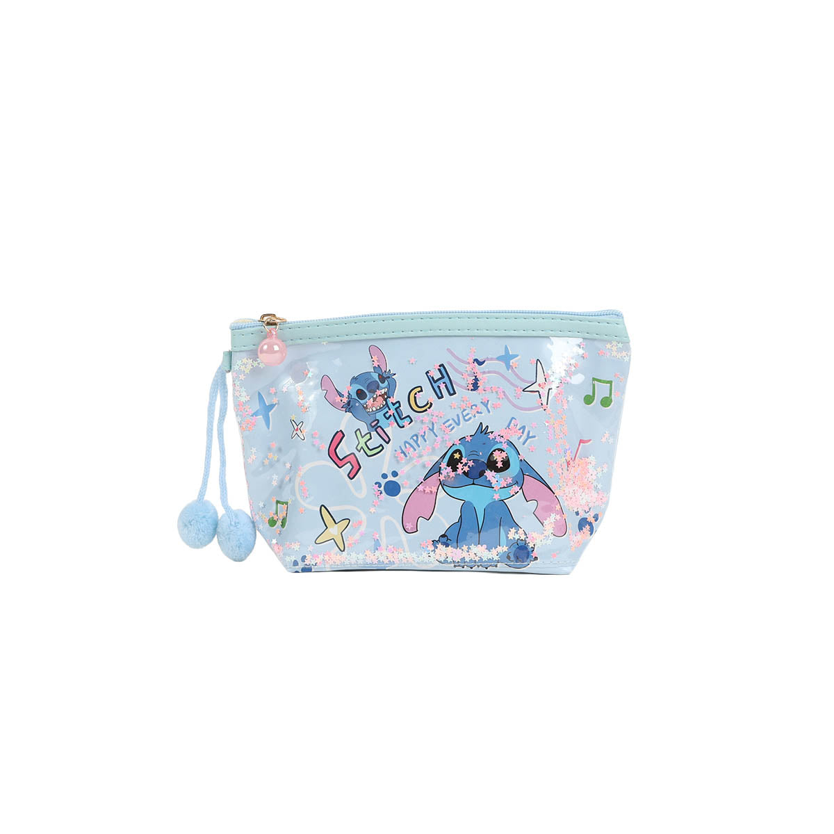 Light blue Stitch-themed cosmetic bag with zip top, star graphics, and pom-pom tassles