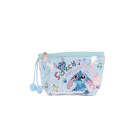 Light blue Stitch-themed cosmetic bag with zip top, star graphics, and pom-pom tassles