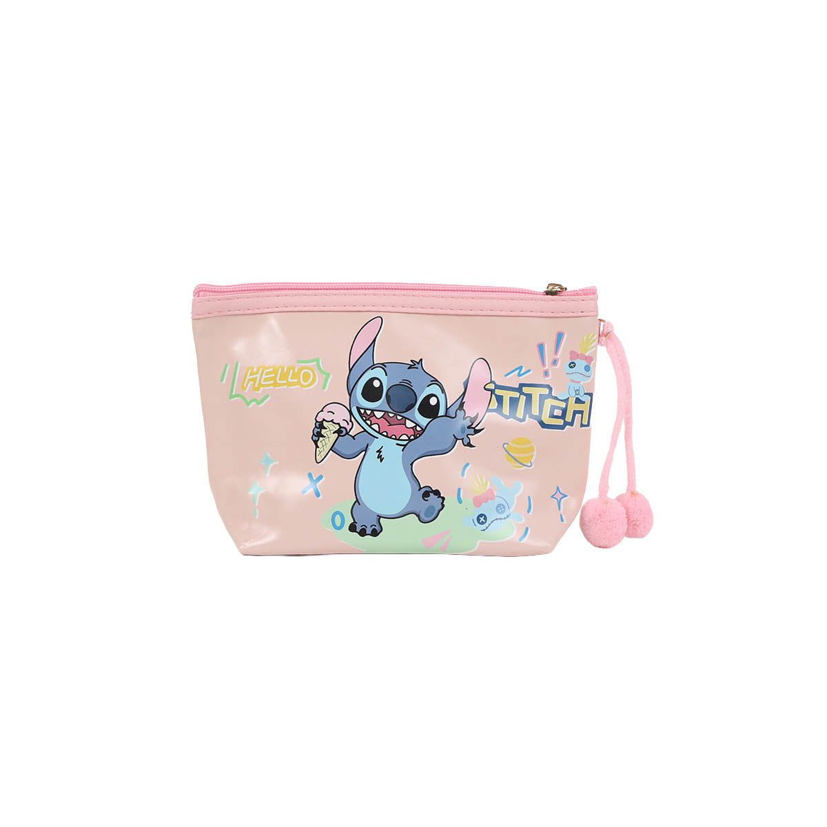 Pink Stitch-themed cosmetic bag with zip top and dangling pom-pom tassles