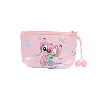 Pink Stitch-themed cosmetic bag with zip top and dangling pom-pom tassles