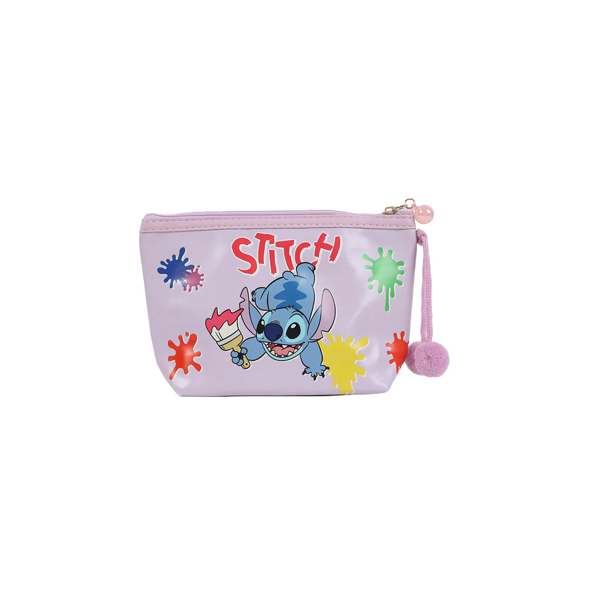 Lavender Stitch-themed cosmetic bag with zip top and pink pom-pom keychain