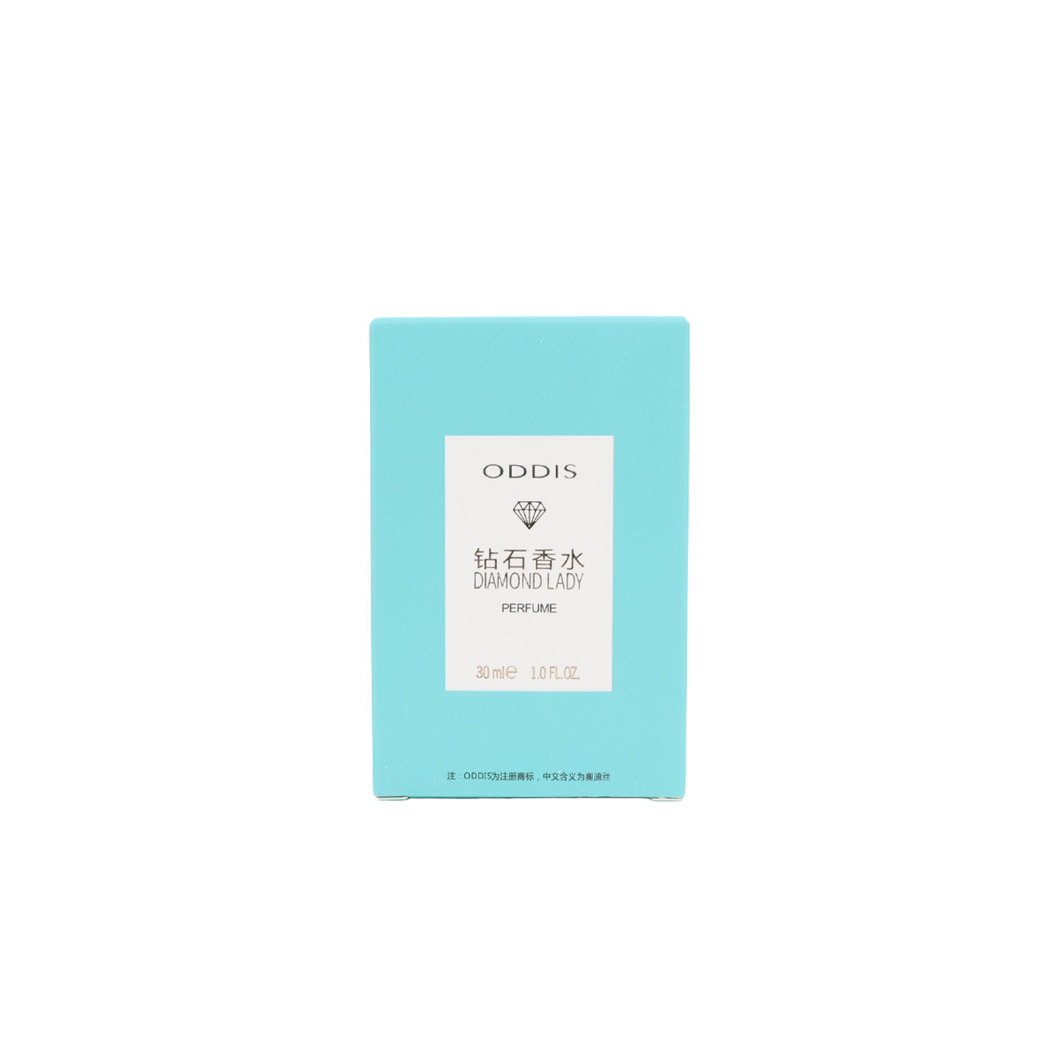 Women's perfume box in turquoise with front label and 30 ml size