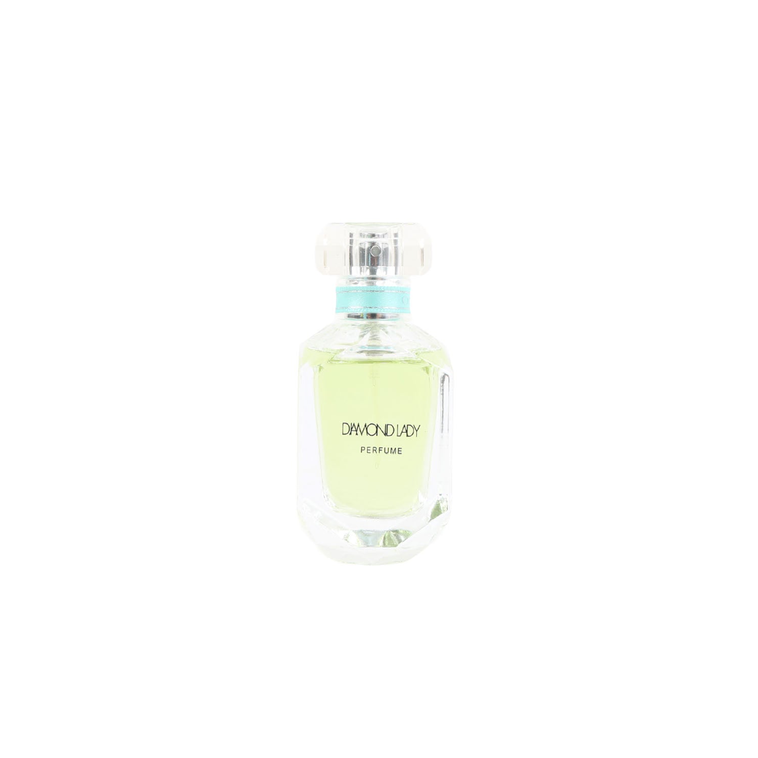 Women's perfume bottle with silver cap and faceted glass, light yellow liquid