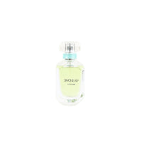 Women's perfume bottle with silver cap and faceted glass, light yellow liquid