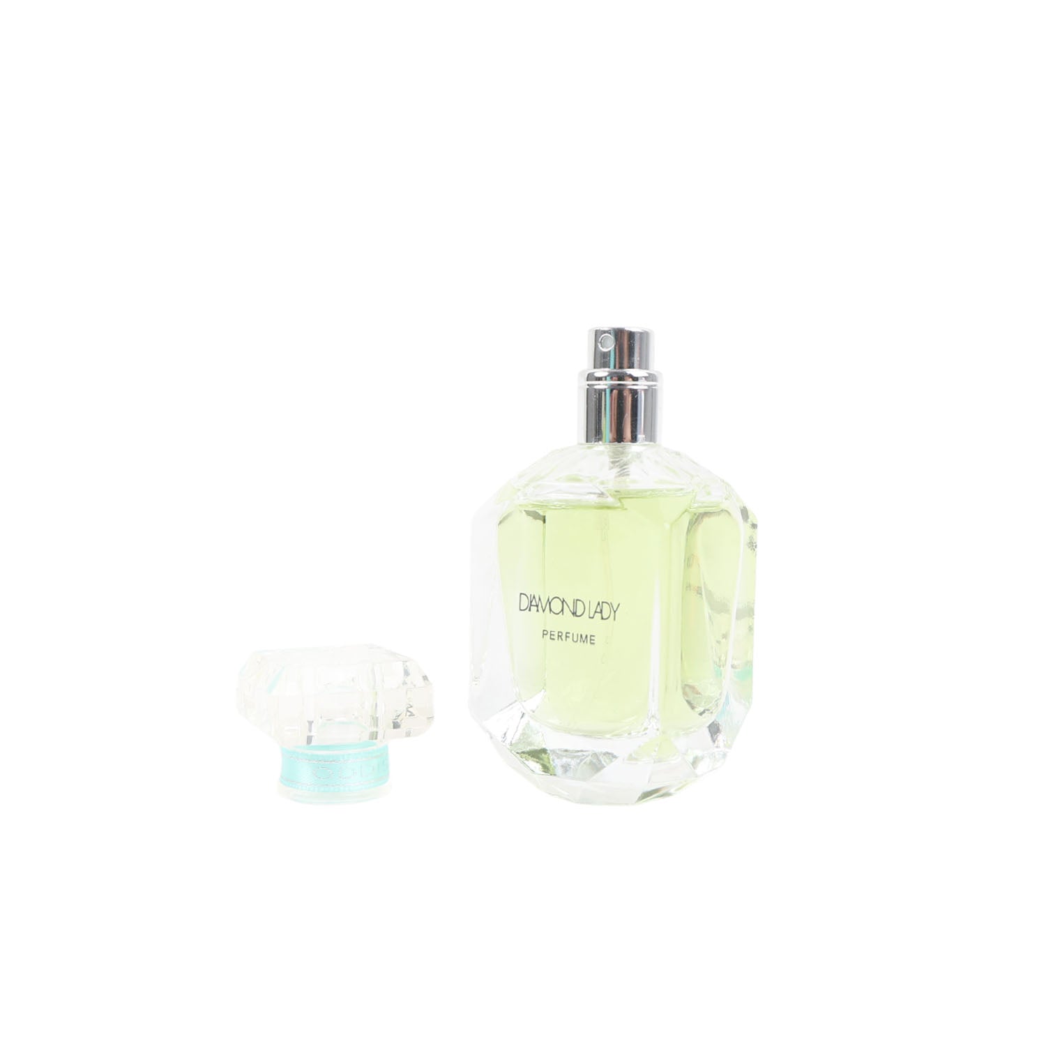 Women's perfume bottle with silver cap; faceted glass shows light yellow perfume