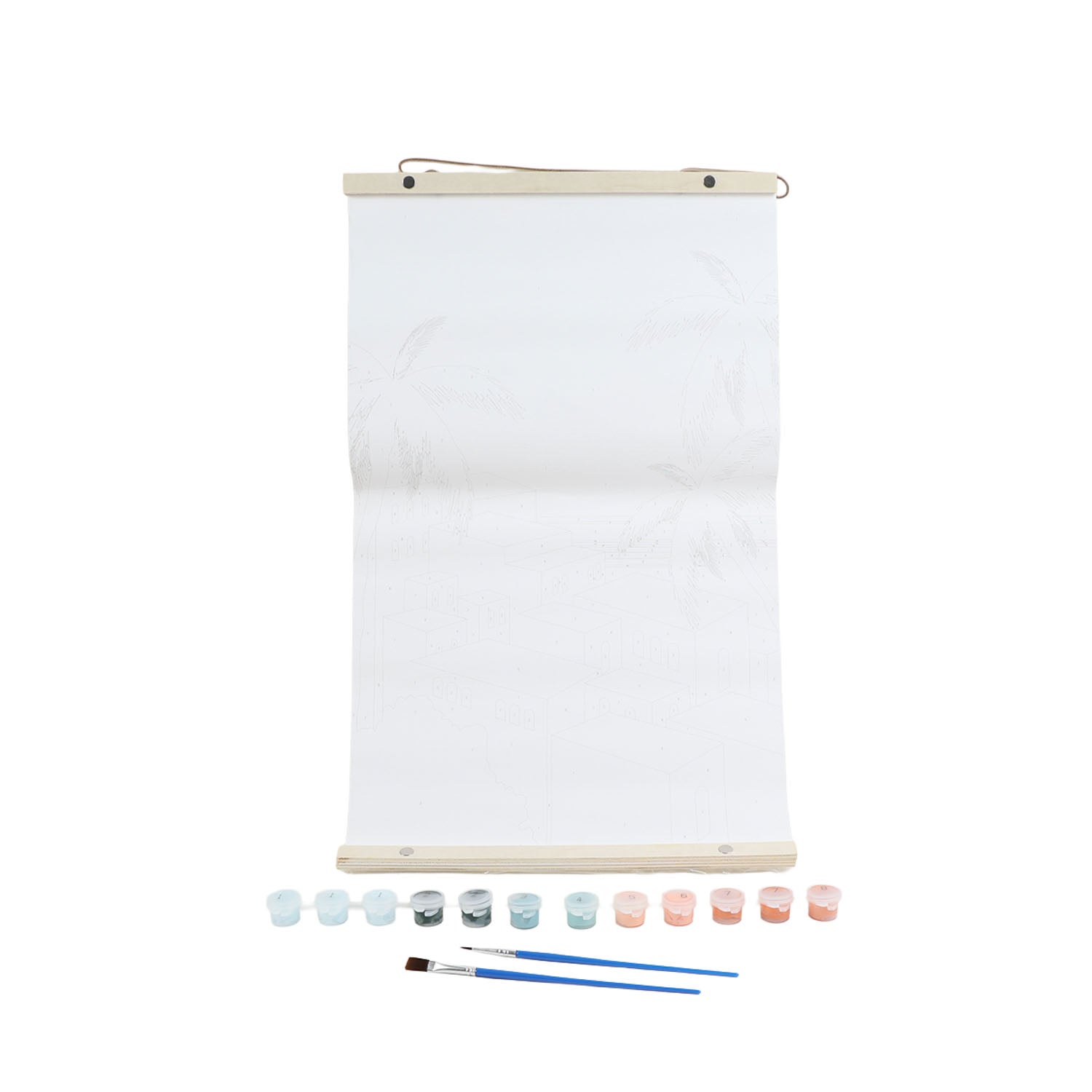 Paint-by-number craft kit with rolled canvas, paint pots, and brushes