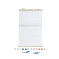 Paint-by-number craft kit with rolled canvas, paint pots, and brushes