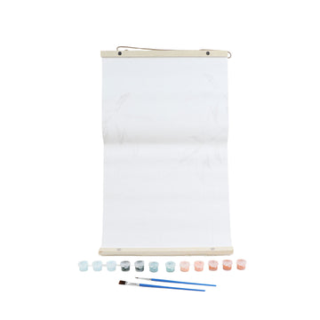 Paint-by-number craft kit with rolled canvas, paint pots, and brushes