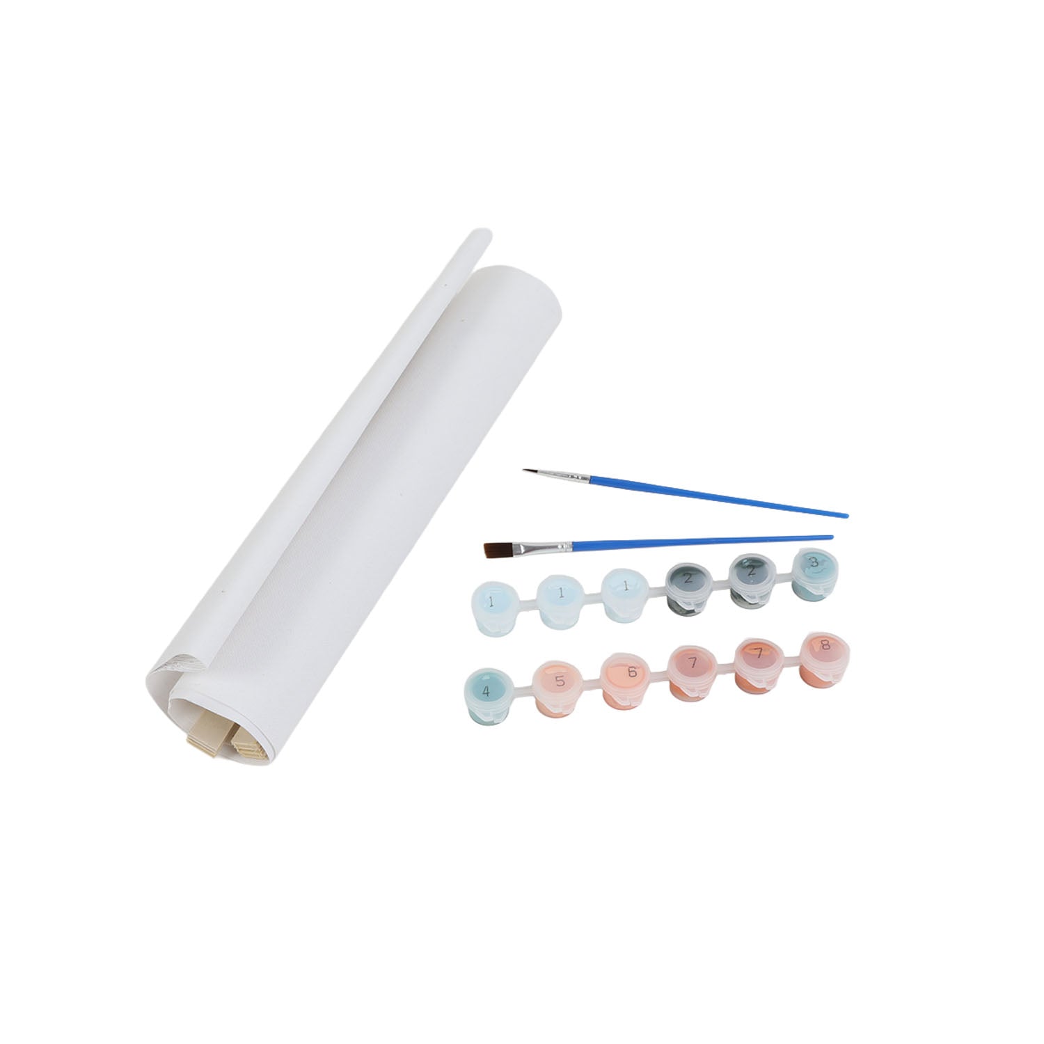 Paint-by-number kit: rolled canvas paper, blue-handled brushes, and mixed paint pots