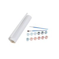 Paint-by-number kit: rolled canvas paper, blue-handled brushes, and mixed paint pots