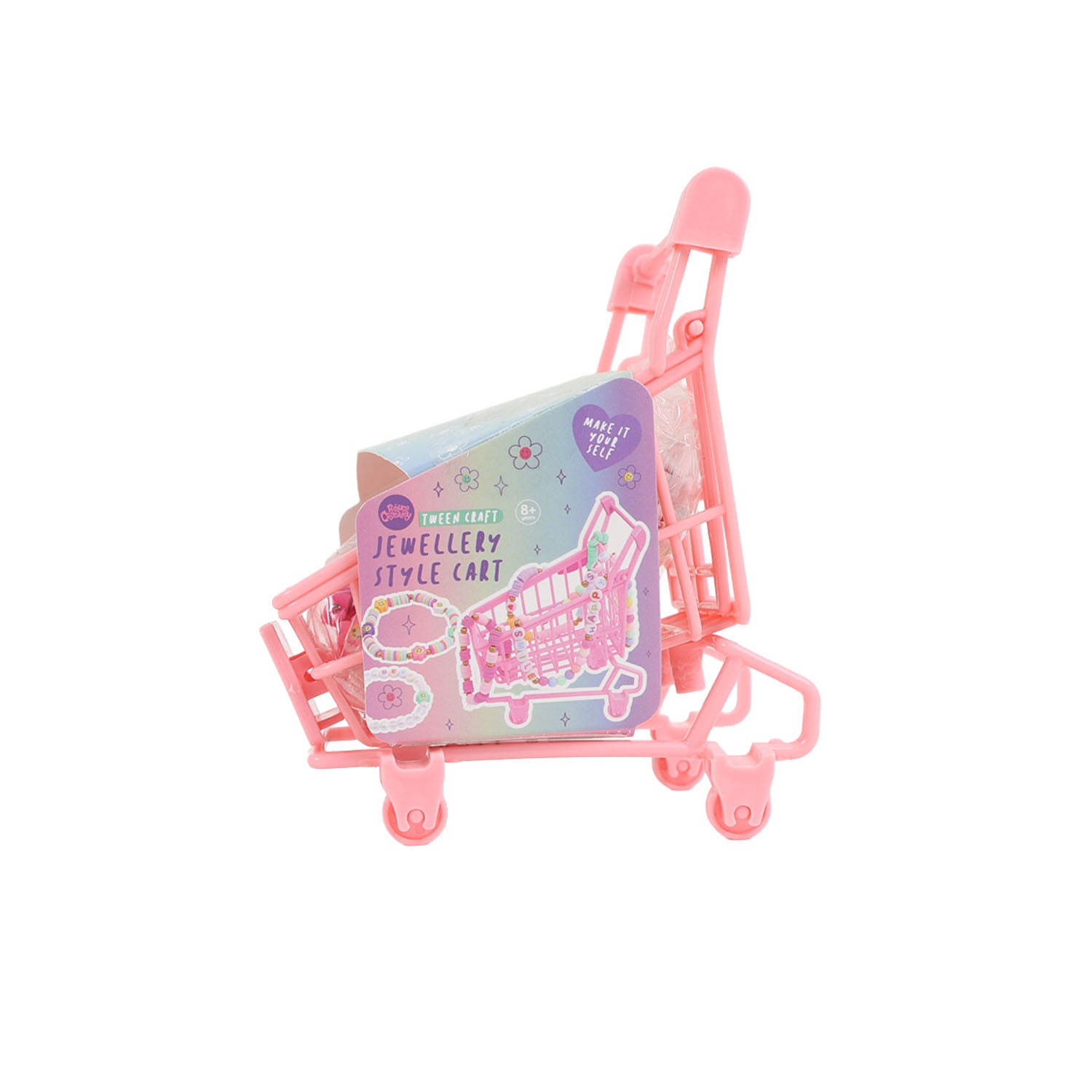Pink mini shopping cart holding a Jungle Friends activity board with stickers