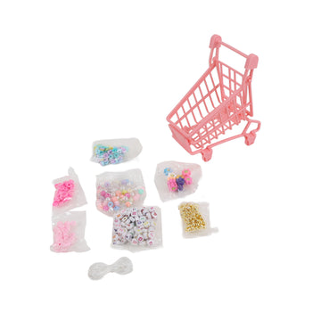 Children's activity paper roll set with pink mini shopping cart and bead pieces