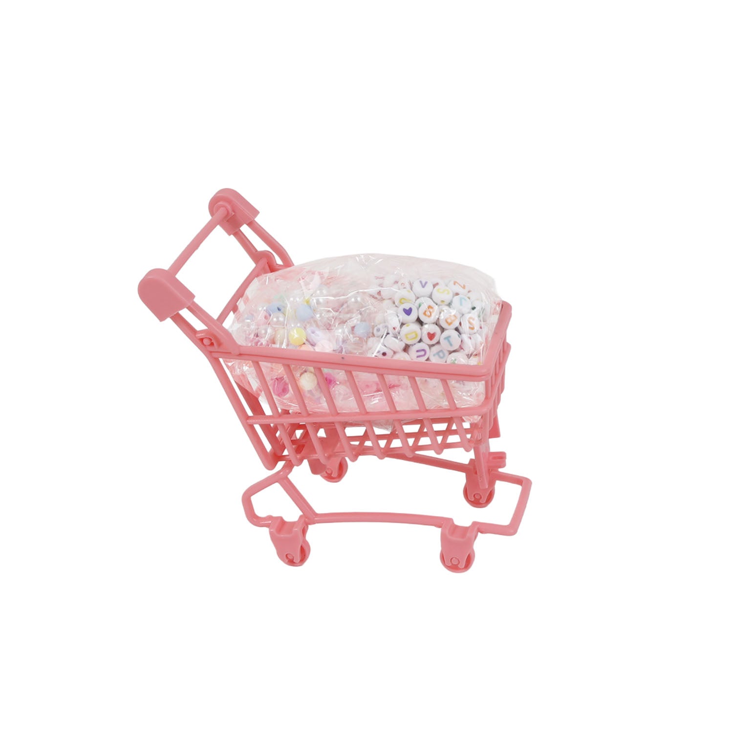 Pink mini shopping cart filled with patterned paper rolls or cards